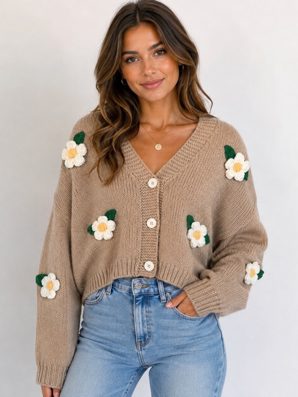 One Loved Babe Beige Floral V-Neck Button Cardigan Sweater chunky knit L NWT